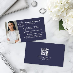 Carte De Visite Logo de photo de code QR professionnel bleu marine