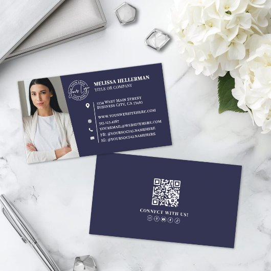Carte De Visite Logo de photo de code QR professionnel bleu marine