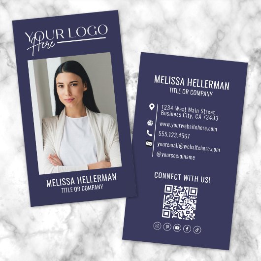 Carte De Visite Logo de photo de code QR professionnel bleu marine