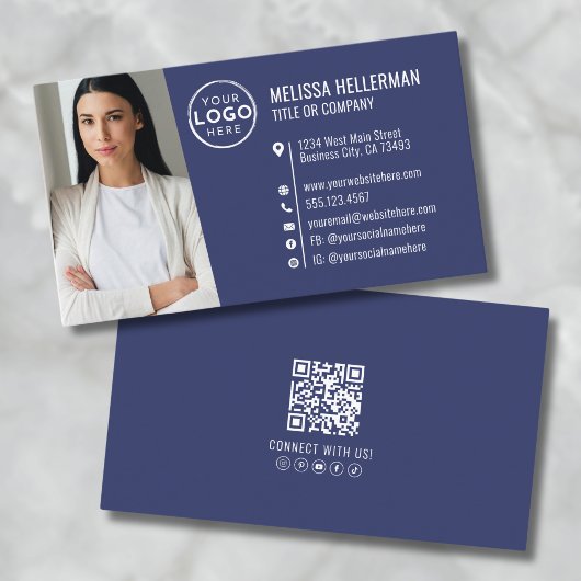 Carte De Visite Logo de photo de code QR professionnel bleu marine