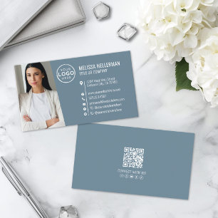 Carte De Visite Logo de photo de code QR professionnel bleu modern