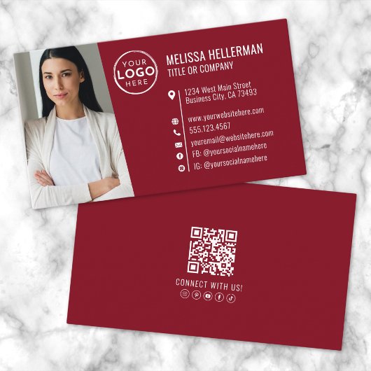 Carte De Visite Logo de photo de code QR professionnel rouge moder
