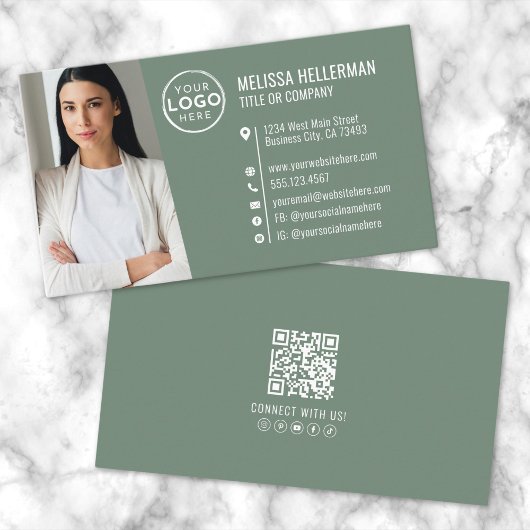 Carte De Visite Logo de photo de code QR professionnel vert modern