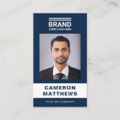 Carte De Visite Logo de photo en bleu foncé moderne en gras code Q (Devant)