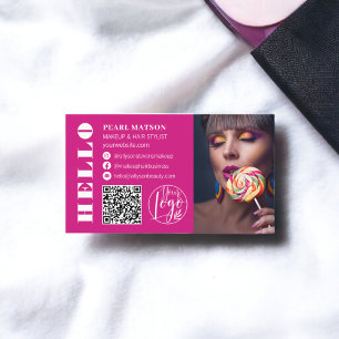 Carte De Visite Logo de photo en gras hello neon rose Qr