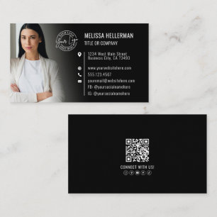 Carte De Visite Logo de photo QR code professionnel noir moderne