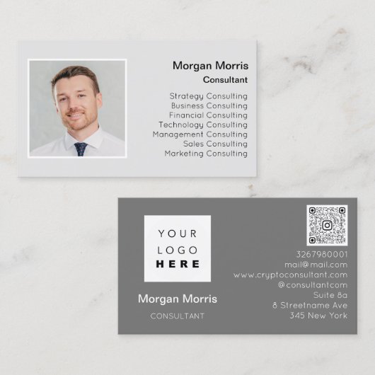 Carte De Visite Logo de QRCode Photo Professional Société Gris (Devant / Derrière)