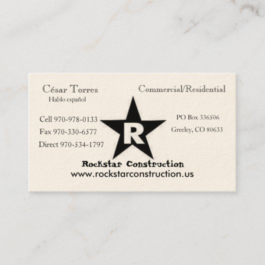 Carte De Visite Logo de ROCKSTAR, construction de Rockstar, Éric (Devant)
