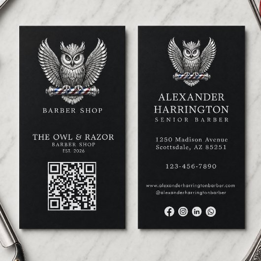 Carte De Visite Logo de salon de coiffure Modern Silver Owl Barber