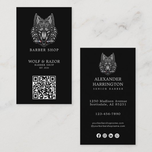 Carte De Visite Logo de salon de coiffure Modern Silver Wolf Barbe (Devant / Derrière)