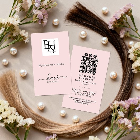 Carte De Visite Logo de script rose blush QR Extension de cheveux 