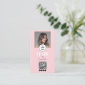 Carte De Visite Logo de script rose poudré Code QR Photo Coiffeur (Debout devant)