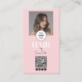 Carte De Visite Logo de script rose poudré Code QR Photo Coiffeur (Devant)