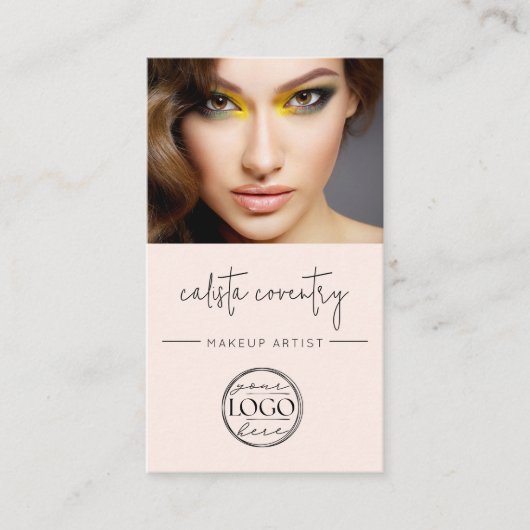 Carte De Visite Logo de script rose poudré Code QR Photo Maquillag (Devant)