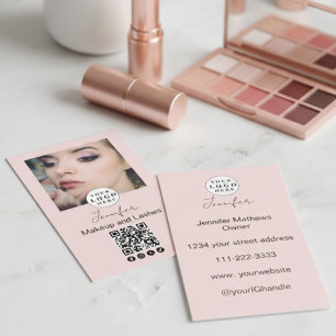 Carte De Visite Logo de script rose vif Code QR maquillage photo