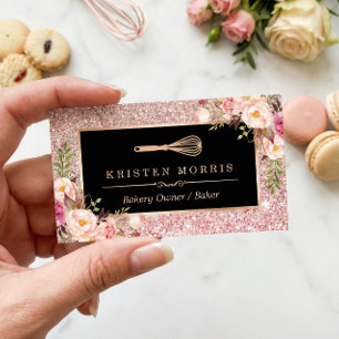 Carte De Visite Logo de Whisk Chef boulangerie Floral Rose Gold