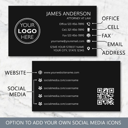 Carte De Visite Logo d'entreprise Code QR noir professionnel Fax