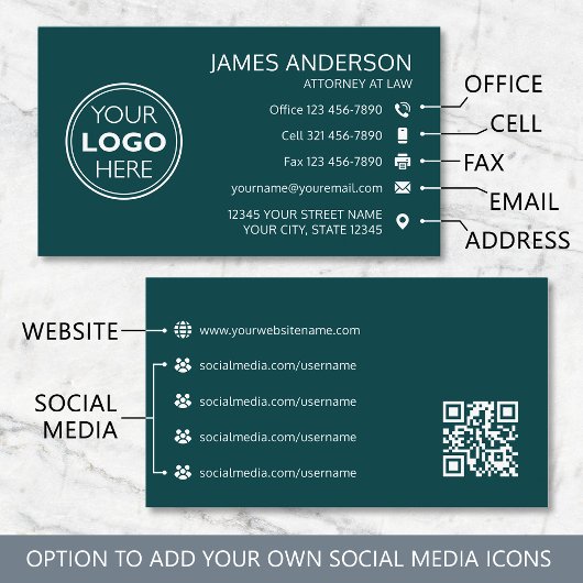 Carte De Visite Logo d'entreprise Code QR Télécopie Turquoise Prof