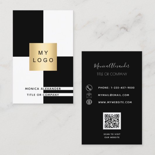 Carte De Visite Logo d'entreprise noir blanc QR code professionnel (Devant / Derrière)