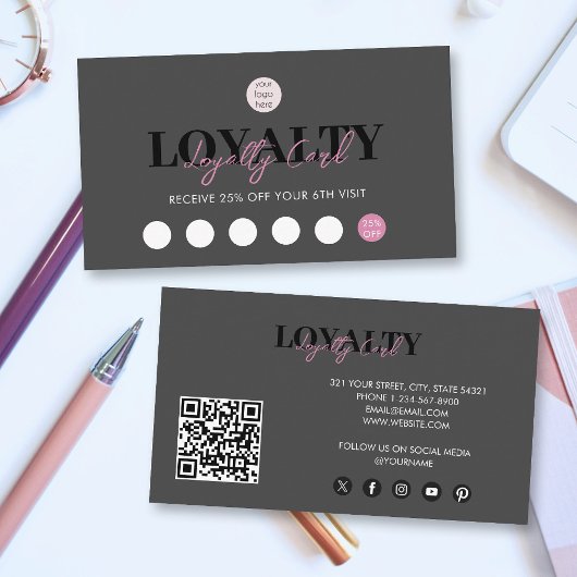 Carte De Visite Logo d'entreprise noir et rose QR Code Fidélité