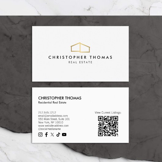 Carte De Visite Logo d'habitation moderne Immobilier Blanc/Or Code