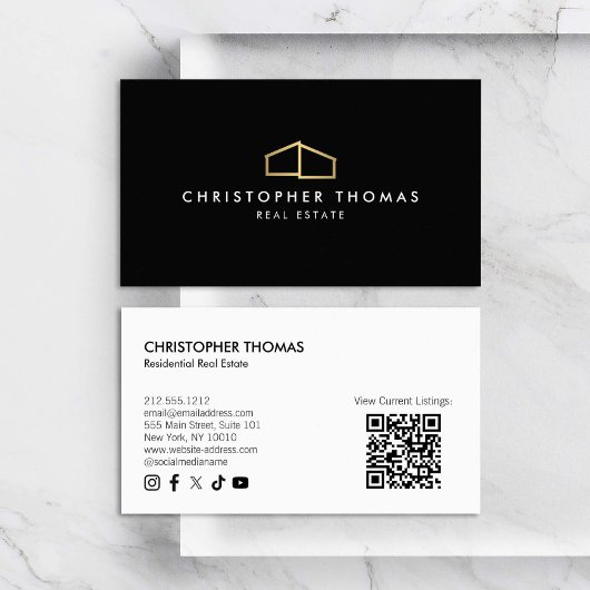 Carte De Visite Logo d'habitation moderne Immobilier Noir/Or Code 