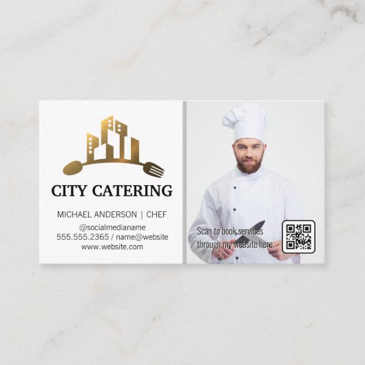 Carte De Visite Logo d'or des ustensiles de ville | Chef | Code QR (Devant)