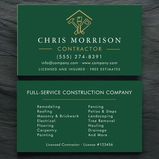 Carte De Visite Logo doré de construction de réparations de maison