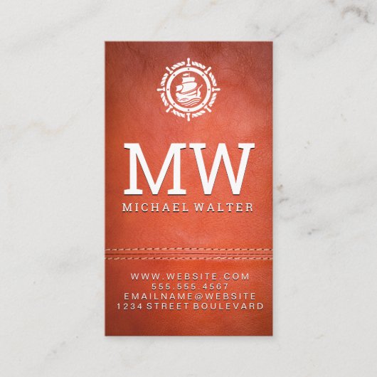 Carte De Visite Logo du bateau à voile | Cuir | Double pointillé (Devant)