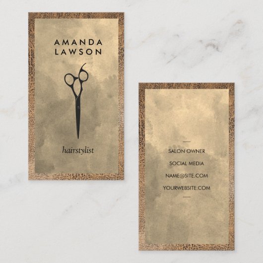 Carte De Visite Logo du ciseau de salon | Aquarelle et cuir (Devant / Derrière)