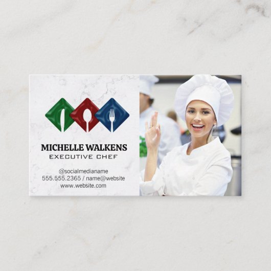 Carte De Visite Logo du diner | Chef femme en cuisine (Devant)