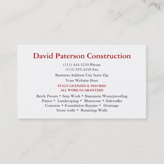 Carte De Visite Logo du menuisier de construction murale de brique (Dos)