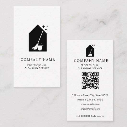 Carte De Visite Logo du service de nettoyage moderne Code QR blanc (Devant / Derrière)