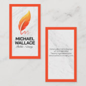 Carte De Visite Logo du stylo en plume orange | Blanc marbre (Devant / Derrière)
