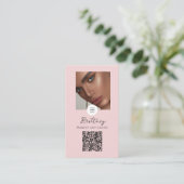 Carte De Visite Logo écriture rose pastel Code QR Photo Maquillage (Debout devant)