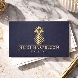 Carte De Visite Logo élégant d'ananas doré sur fond bleu crépuscul