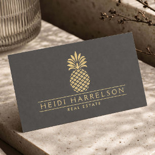 Carte De Visite Logo élégant d'ananas doré sur gris