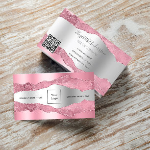 Carte De Visite Logo en marbre blanc rose argenté noir code QR