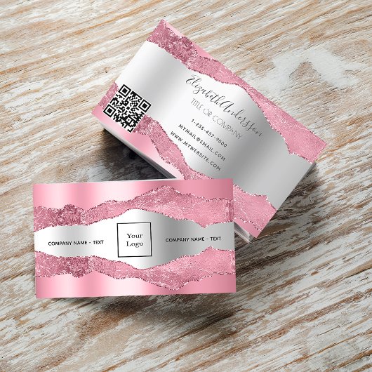 Carte De Visite Logo en marbre blanc rose argenté noir code QR