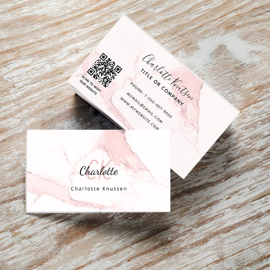 Carte De Visite Logo en marbre rose or monogramme élégant QR