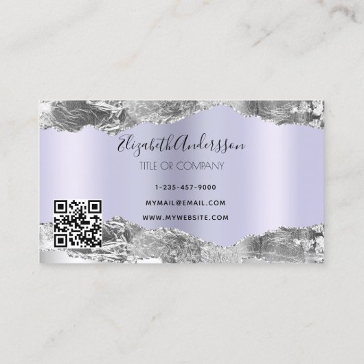 Carte De Visite Logo en marbre violet argenté en argent Code QR (Dos)
