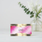 Carte De Visite Logo et code QR Stylish Pink Marble Gold Borders (Debout devant)