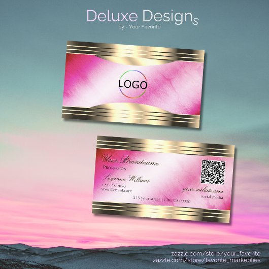 Carte De Visite Logo et code QR Stylish Pink Marble Gold Borders