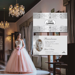 Carte De Visite Logo et photo de luxe Silver Grey Ornate Borders
