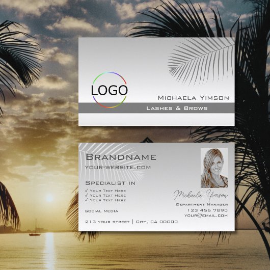 Carte De Visite Logo et photo Pastel Gray Palm Leaf
