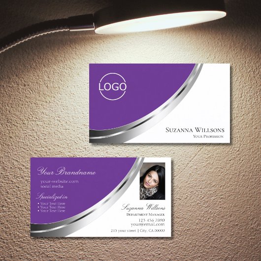 Carte De Visite Logo et photo Royal Purple White Silver Deco