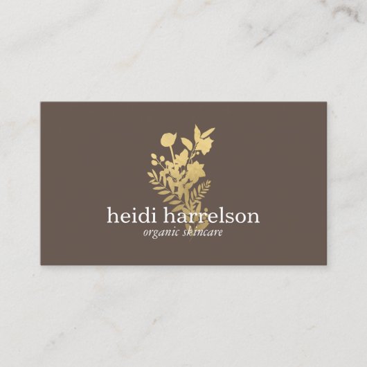 Carte De Visite Logo Faux Gold Floral sur Dark Brown (Devant)