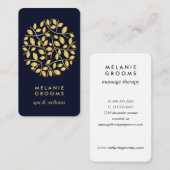 Carte De Visite Logo feuille or| Bleu | massage bien-être yoga (Devant / Derrière)