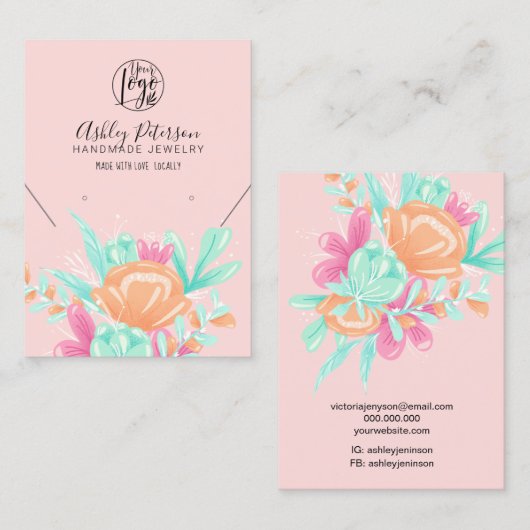Carte De Visite logo floral rose turquoise collier d'oreille bijou (Devant / Derrière)
