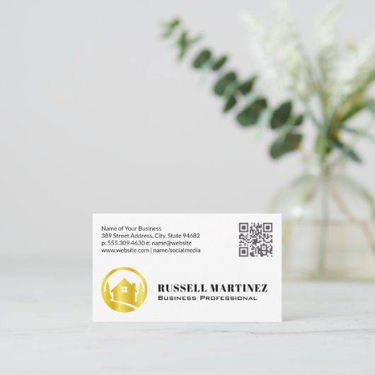 Carte De Visite Logo Gold Real Estate Trees | Code QR (Debout devant)
